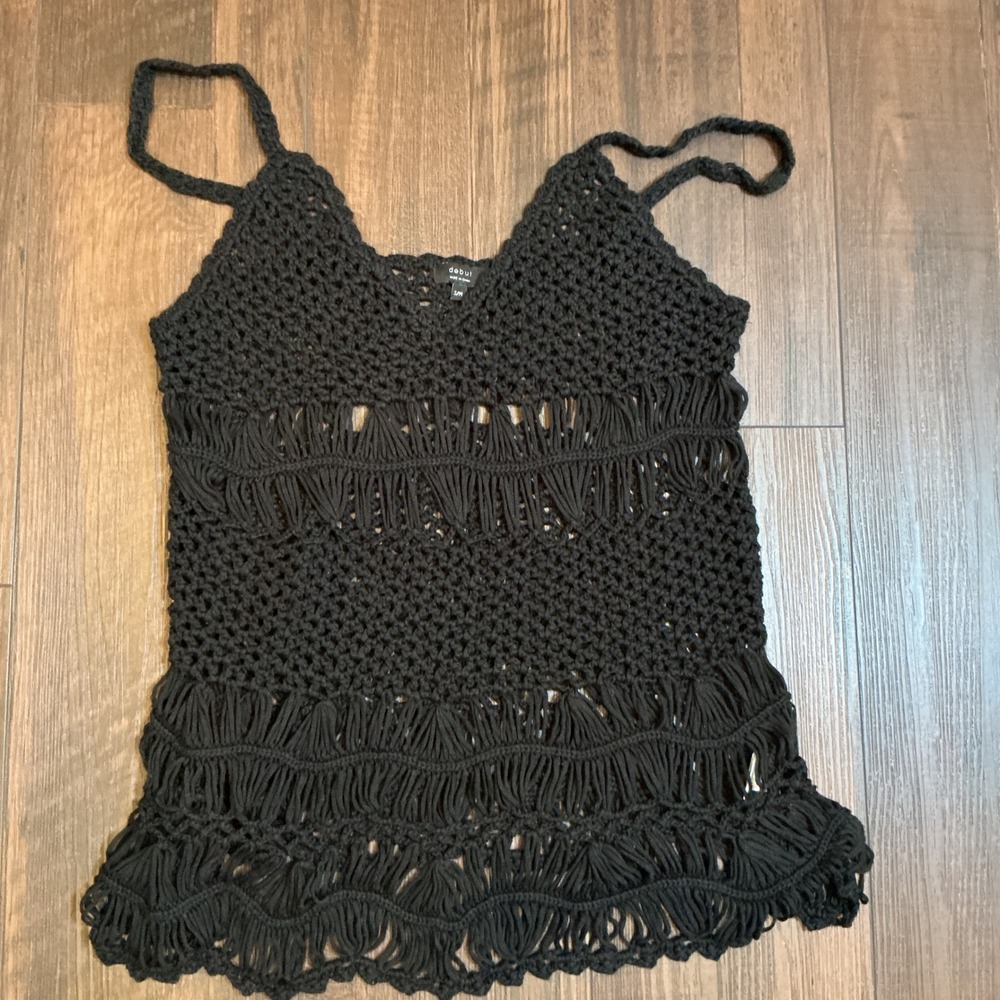 Debut Boho Crochet Knit Fringe Tank Top Black Open Weave V-Neck S/M Festival